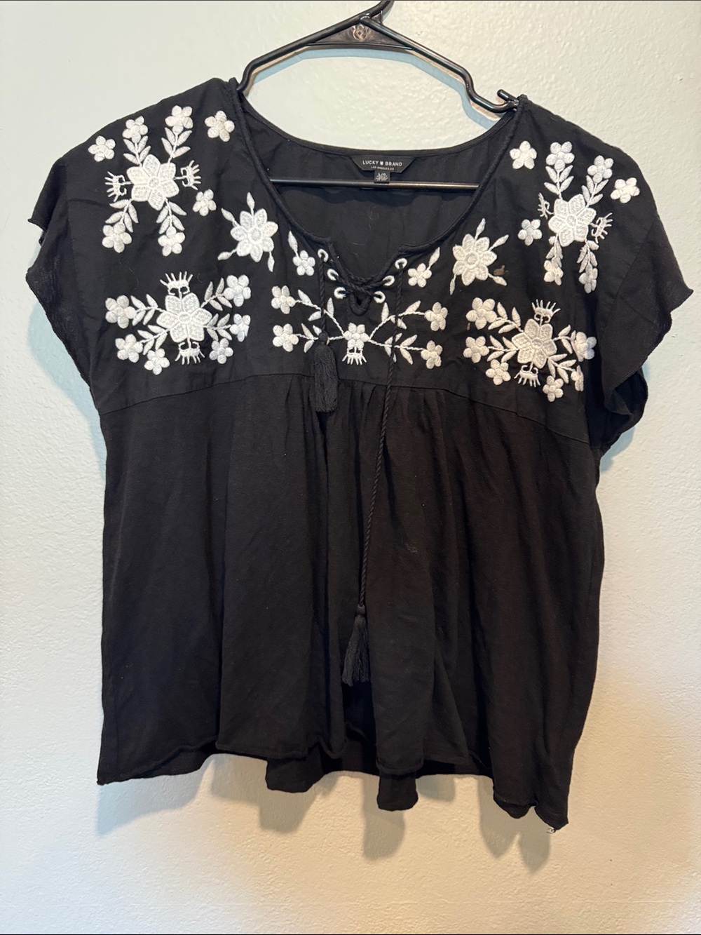 Lucky Brand Black Tunic Top with White Floral Embroidery